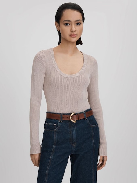 Knitted Scoop Neck Top in Neutral (Q87458) | £110