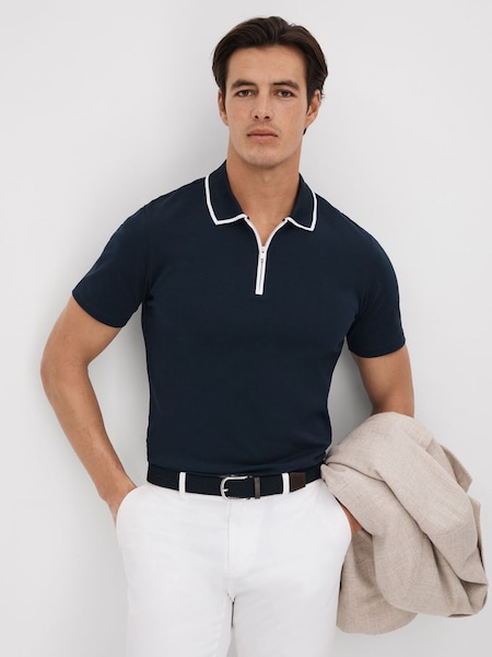 Slim Fit Cotton Quarter Zip Shirt in Navy (Q87465) | £68