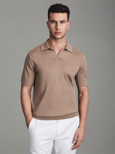 Merino Wool Open Collar Polo Shirt in Camel (Q87762) | £88