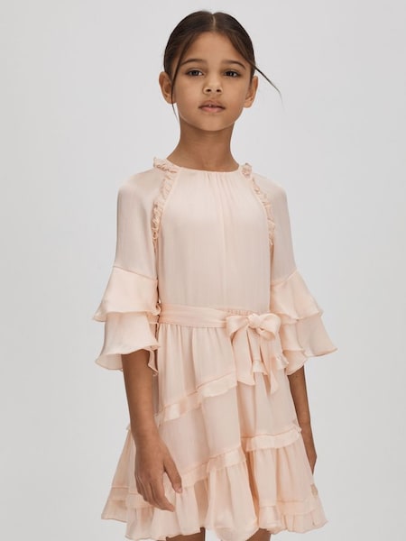 Junior Textured Satin Frilly Dress in Pink (Q88564) | £75