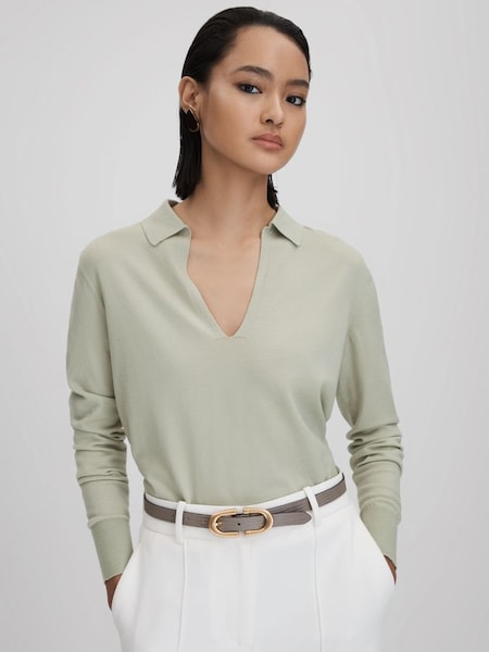 Knitted Collared V-Neck Top in Sage (Q88574) | £88