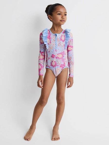Senior Floral Print Ruffle Long Sleeve Swimsuit in Pink (Q89852) | £50
