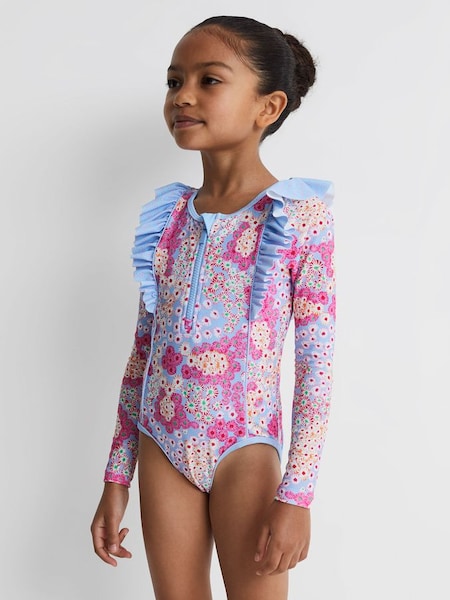 Junior Floral Print Ruffle Long Sleeve Swimsuit in Pink (Q89870) | £45