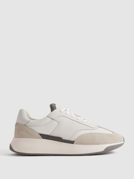 Leather Suede Running Trainers in Off White (Q90451) | £168