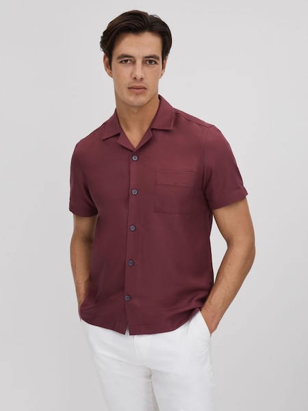 Cuban Collar Button-Through Shirt in Brick Red (Q90457) | £88