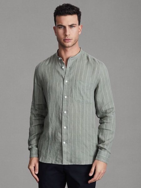 Linen Grandad Collar Shirt in Sage Stripe (Q91935) | £98