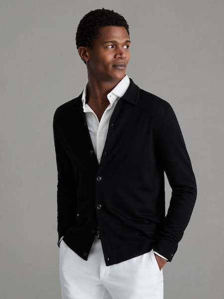 Merino Wool Button-Through Cardigan in Black (Q92967) | £118
