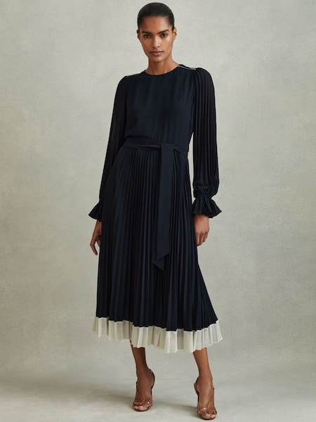 Pleated Belted Midi Dress in Navy/Cream (Q94232) | £228