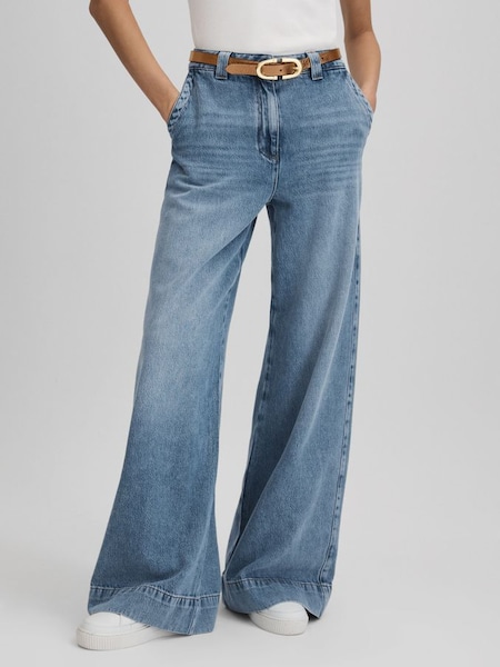 Wide Leg Contrast Stitch Jeans in Light Blue (Q96619) | £150