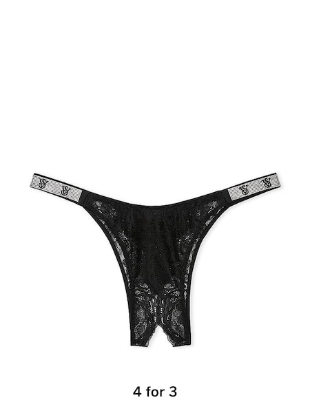 Black Lace Brazilian Shine Strap Crotchless Knickers (Q98161) | £20