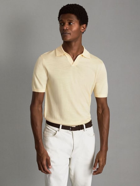 Merino Wool Open Collar Polo Shirt in Buttermilk Yellow (Q99099) | £88