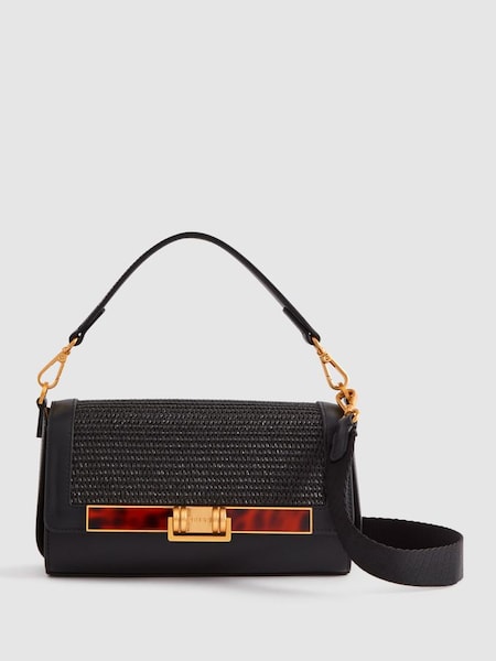 Leather Raffia Baguette Bag in Black (Q99106) | £228