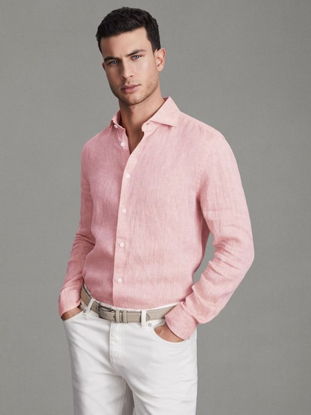 Linen Button-Through Shirt in Flamingo (Q99110) | £98