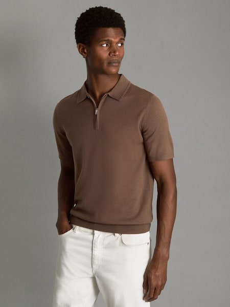 Merino Wool Half-Zip Polo Shirt in Pecan Brown (Q99133) | £88