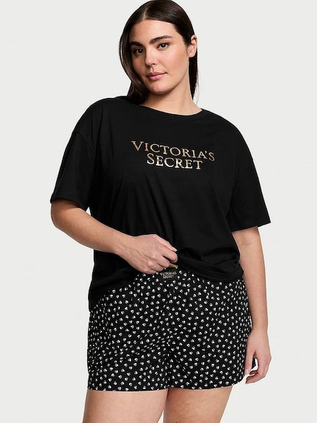 Black Half Heart Cotton T-Shirt Short Pyjamas (Q99540) | £39