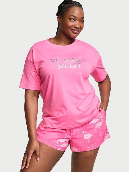 Hollywood Pink Flamingo Cotton T-Shirt Short Pyjamas (Q99630) | £39