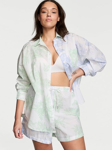 Garden Mint Green & Blue Crescent Tropical Toile Cotton Short Pyjamas (Q99696) | £45
