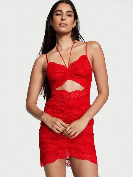 Lipstick Red Ruched Lace Cutout Dress (R74718) | £29