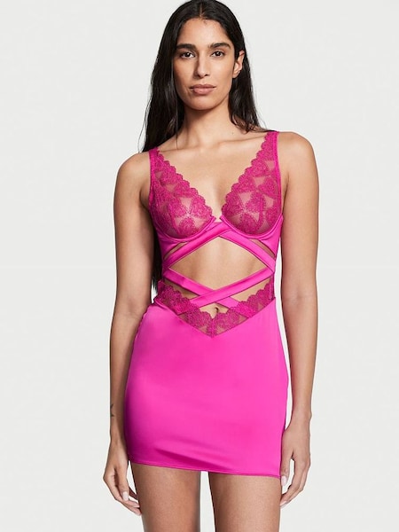 Fuchsia Frenzy Pink Embroidery Wired Slip Dress (R74957) | £40