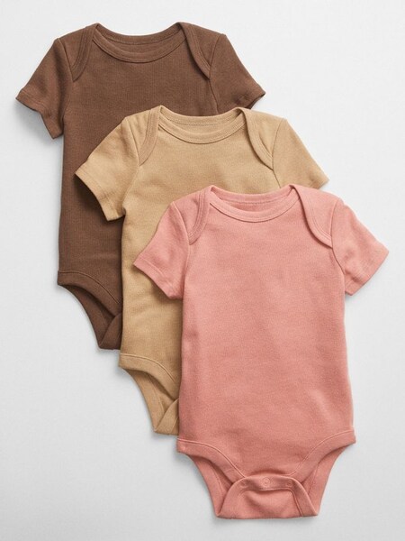 Brown, Beige & Pink 3 Pack Short Sleeve Baby Bodysuit (R80124) | £10