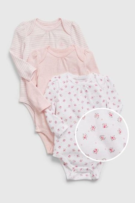 Pink Floral 3 Pack Long Sleeve Baby Bodysuits (RY5338) | £20