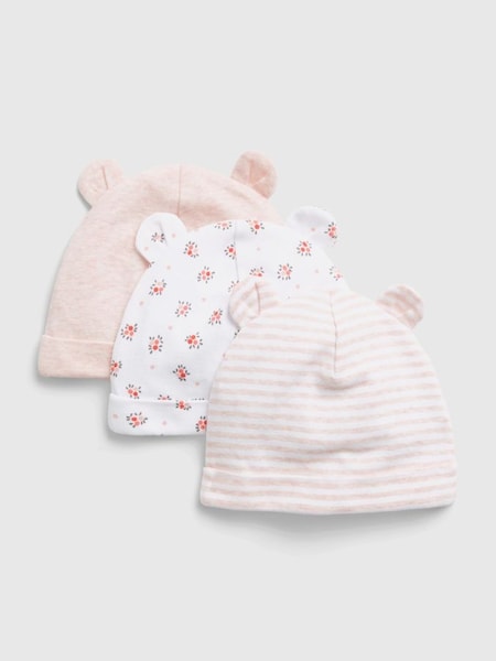Light Pink Floral Organic Cotton 3 Pack First Favourite Baby Beanie Hats (RZ3562) | £10