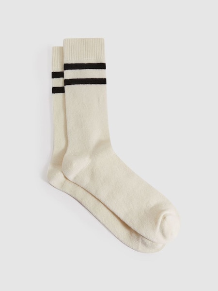 Wool Blend Striped Crew Socks in Ecru (T11402) | £15