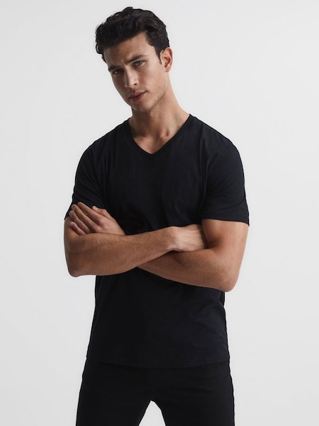 Cotton V-Neck T-Shirt in Black (T44888) | £28