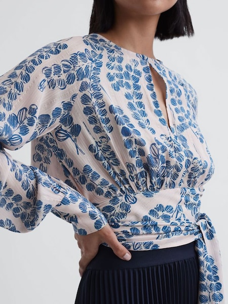Cropped Printed Belted Blouse in Pink/Blue (T50733) | £58