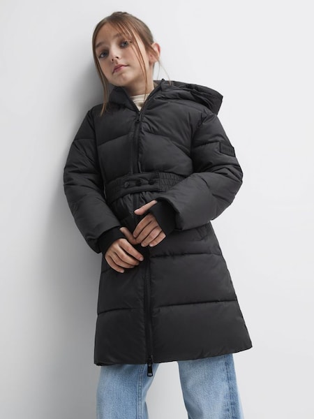 Junior Water Resistant Quilted Hooded Coat in Black (T55107) | £98