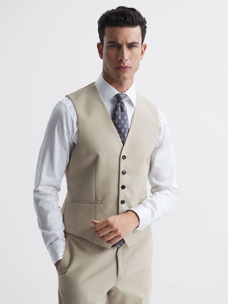 Classic Slim Fit Six Button Wool Waistcoat in Stone (T55243) | £48