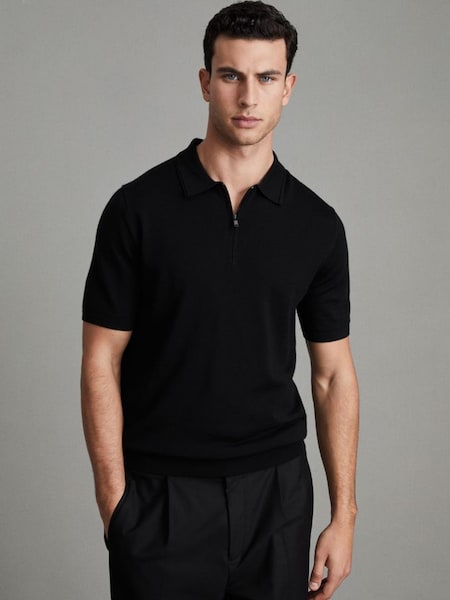 Merino Wool Half-Zip Polo Shirt in Black (T62506) | £88