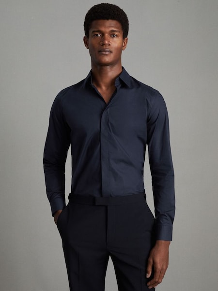 Slim Fit Cotton Blend Shirt in Navy (T76231) | £88