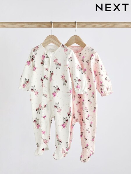 Next Cream/Pink Fairy 2 Pack Zip Baby Sleepsuits (T76480) | £17 - £19