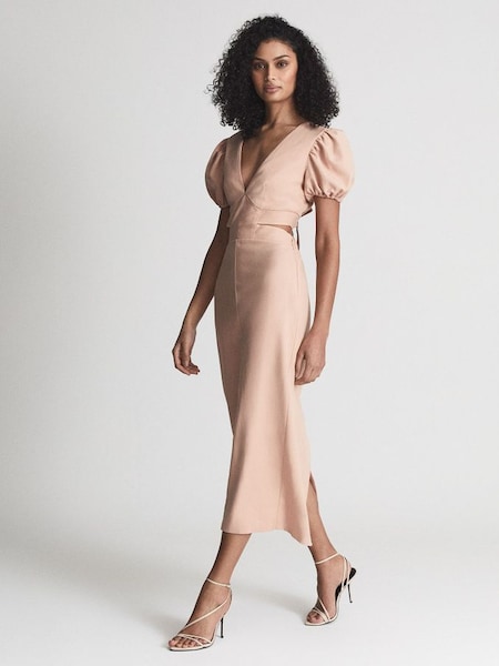 Puff Sleeve Cut Out Back Midi Dress in Peach (T78449) | £75