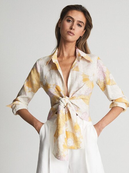 Linen Printed Tie Waist Shirt Blouse in Yellow (T82078) | £55