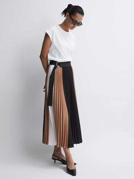 Colourblock Pleated Midi Skirt in Black/Camel (T99370) | £178