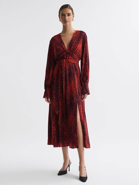 Animal Print Blouson Sleeve Midi Dress in Red (T99373) | £78