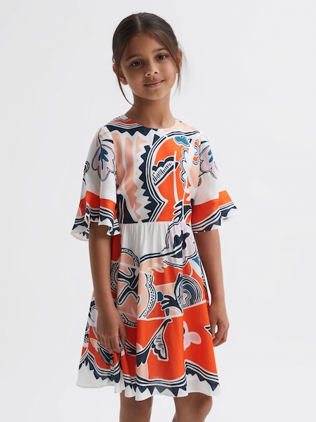 Junior Printed Floaty Dress in Coral (T99393) | £30