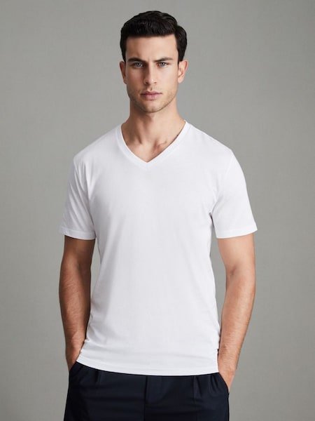 Cotton V-Neck T-Shirt in White (U00984) | £28