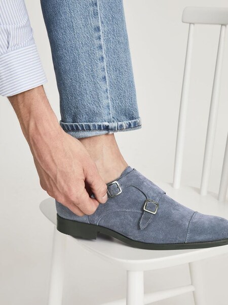 Suede Monk Strap Shoes in Airforce Blue (U01474) | £145