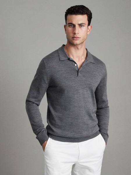 Merino Wool Polo Shirt in Mid Grey Melange (U09770) | £98