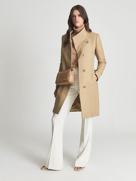 Wool Blend Mid Length Coat in Camel (U27635) | £338
