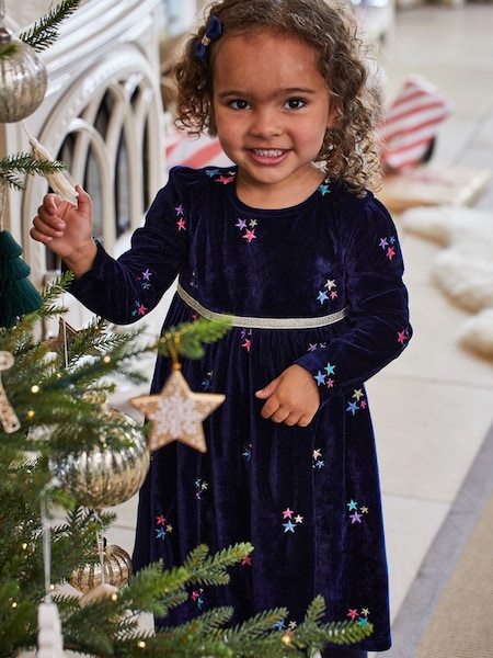 Star Embroidered Velour Party Dress in Navy (U29488) | £32
