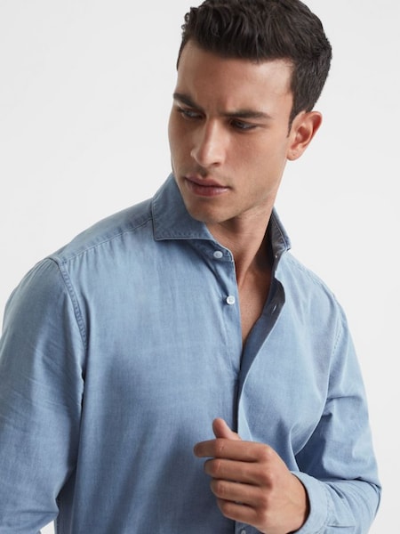 Washed Chambray Button-Through Shirt in Blue (U30649) | £88