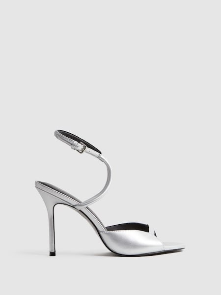 Leather Strappy Heels in Silver (U54591) | £58