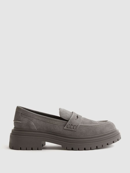 Leather Chunky Cleated Loafers in Grey (U56515) | £88