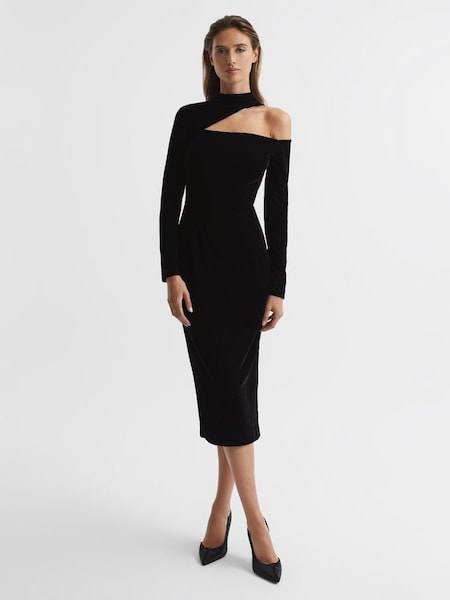 Petite Velvet Cut-Out Shoulder Dress in Black (U70755) | £115