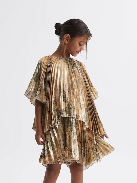 Senior Metallic Pleated Tiered Dress in Gold (U71810) | £70