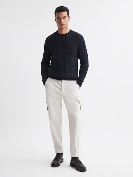 Slim Fit Wool-Cotton Cable Knit Jumper in Navy (U74329) | £78